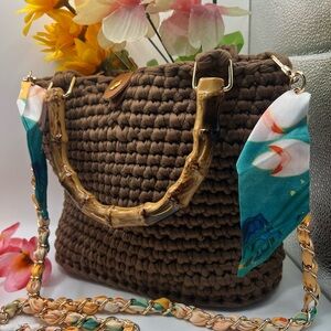 Brown Handwoven Bag with Bamboo Handles